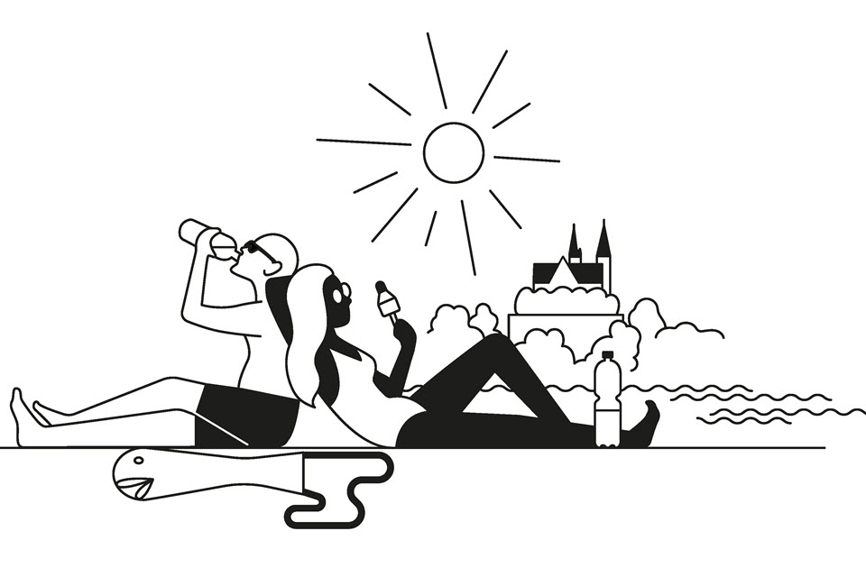 Illustration von einem Mann und einer Frau, die Rücken an Rücken angelehnt am Rheinufer mit ausgestreckten Beinen sitzen. Er trink Wasser, sie isst eine Glace.