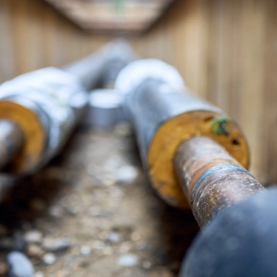 Offener Graben mit Fernwärmeleitungen aus Vogelperspektive.