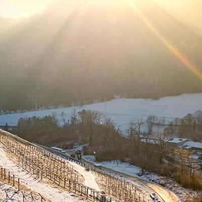 Schneebedeckter Hügel mit Trägern der PV-Panels bei Sonnenuntergang.