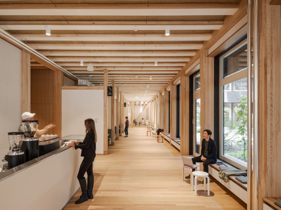 Raumaufnahme vom Projekt Hortus mit klarer Stilistik aus Holz, Lehm und re-use Materialien