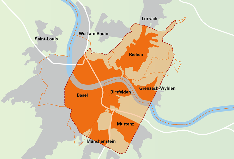 Eine Karte, die die Region Basel von oben zeigt. Teile von Basel, Birsfelden, Münchenstein, Muttenz, Riehen und Grenzach-Wyhlen sind hervorgehoben.