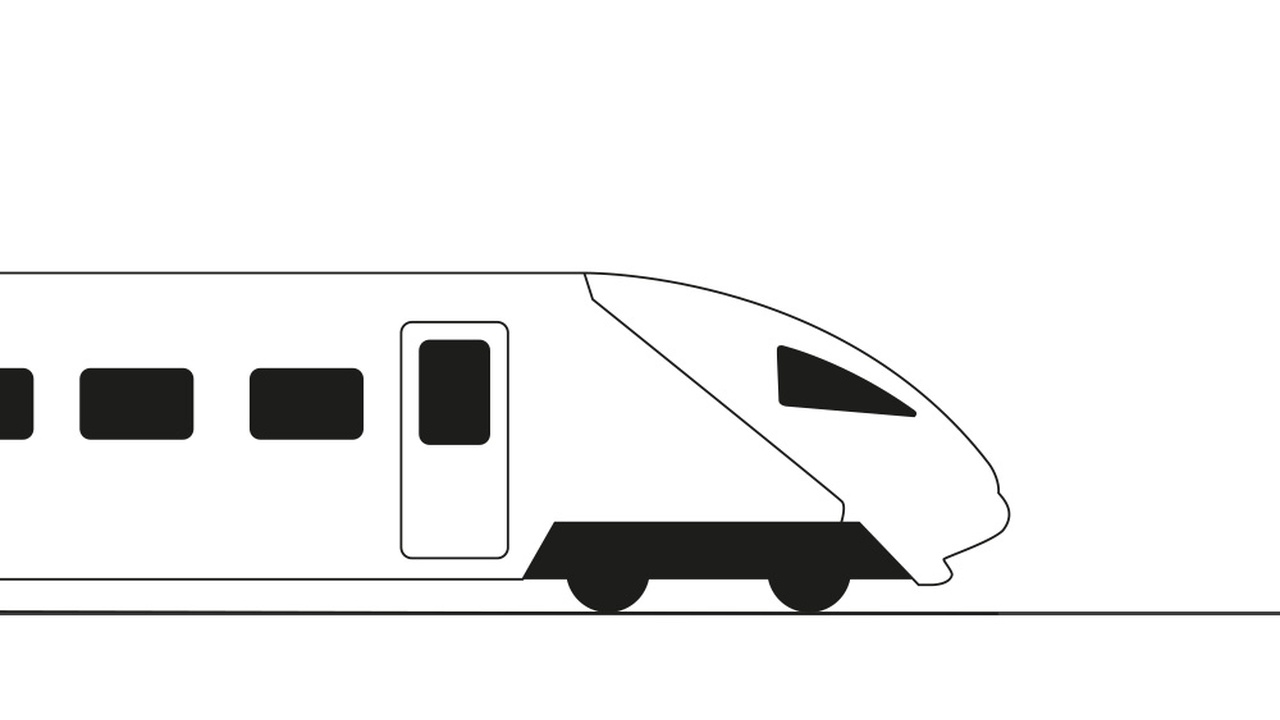 Schwarz Weiss Illustration eines Zugs. Der Zug fährt von links ins Bild.