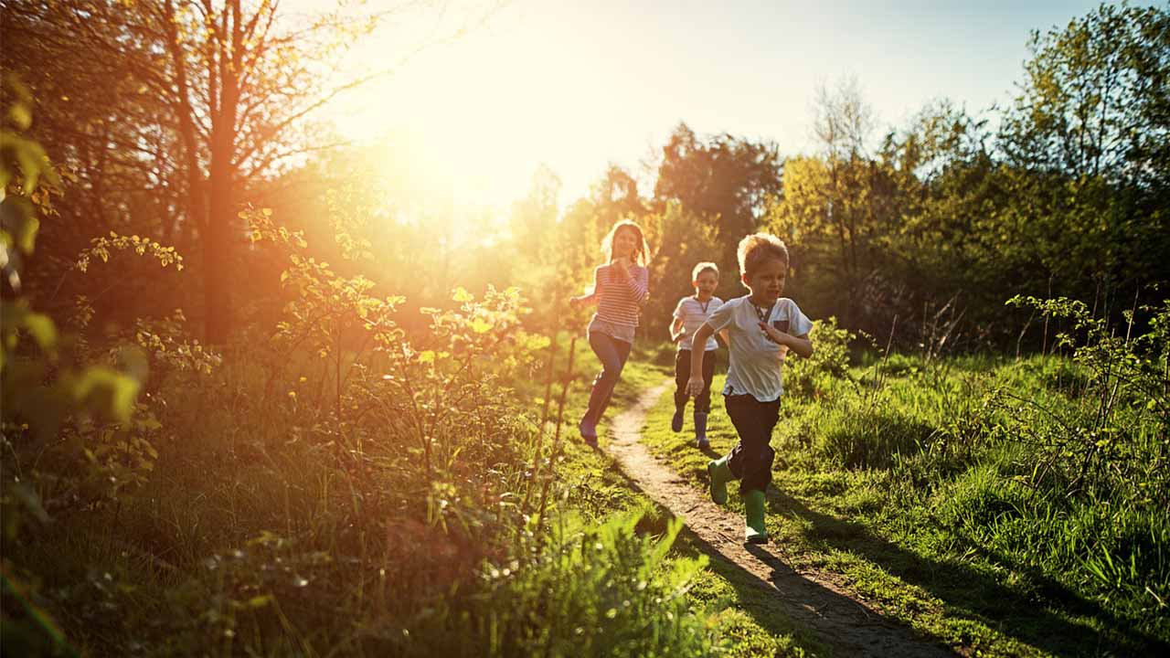 Kinder rennen im Abendlicht über einen Pfad im Grünen.