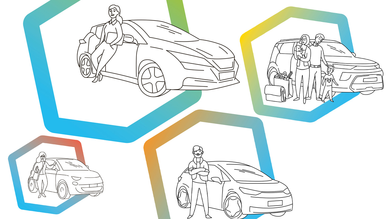 Zeichnung von vier Autos mit jeweils unterschiedlichen Personen, die davor stehen.