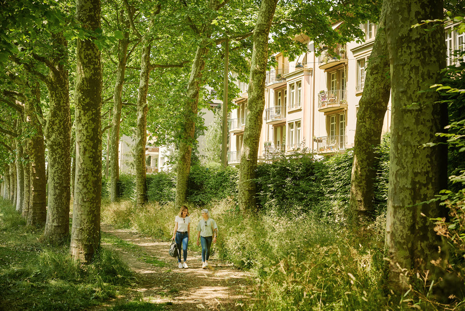 Zwei Frauen spazieren in einem Park in einem Basler Wohnquartier.