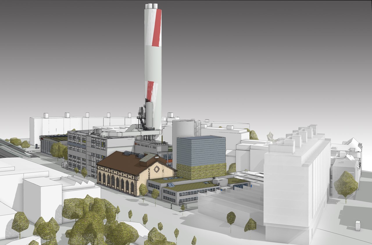 Visualisierung einer Fernwärmeproduktionsanlage mit hohem Kamin