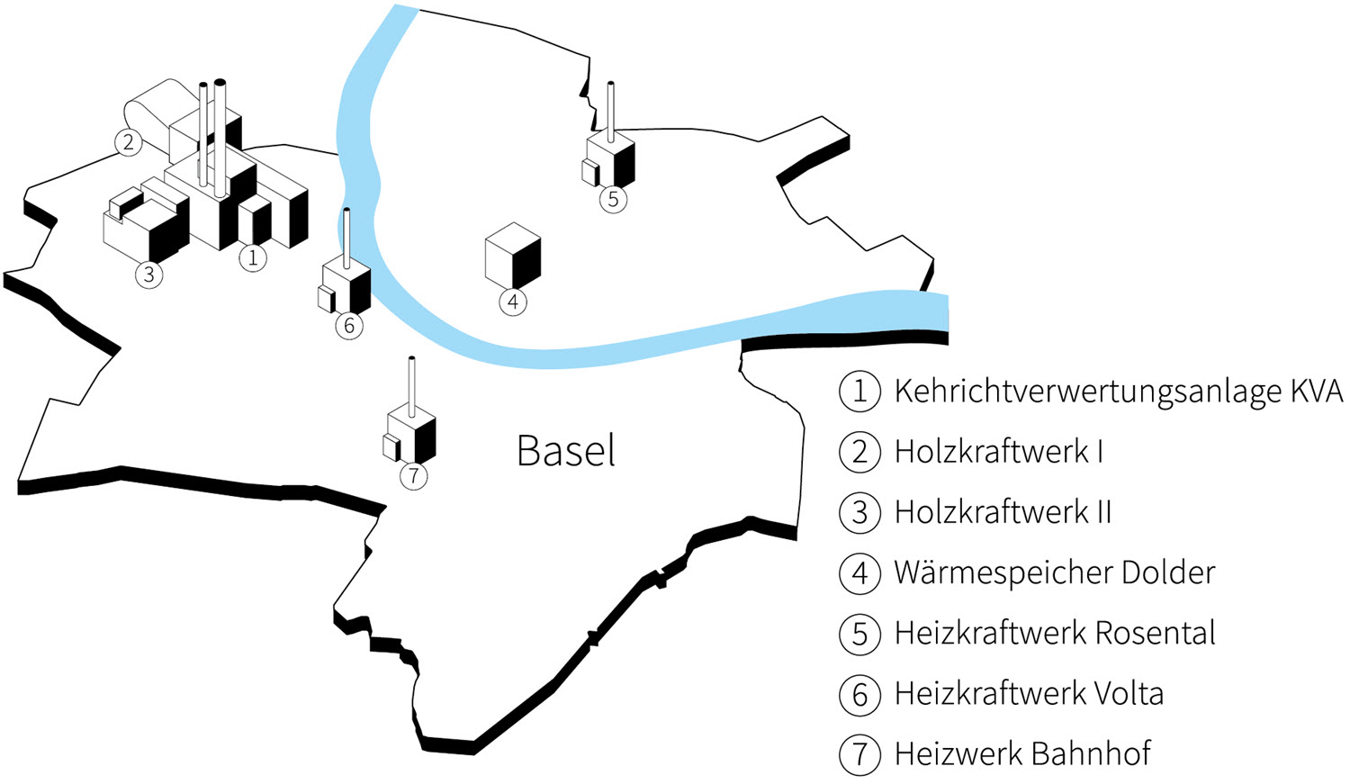 Karte von Basel mit den Produktionsanlagen der Fernwärme als Icons eingezeichnet