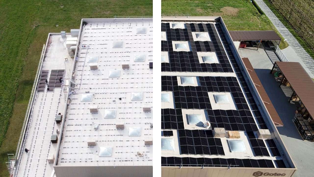 Vorher-Nachher Drohnenaufnahme bei der Installation einer PV-Anlage bei Gotec SA im Wallis. 