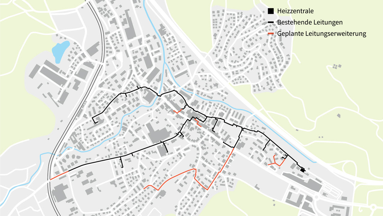 Schematischer Lageplan von Frick, eingezeichnet sind die Leitungen, die schon gebaut sind und solche, die noch gebaut werden.