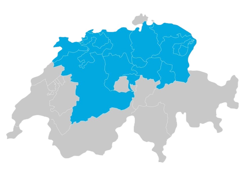 Schweizer Landkarte mit den Kantonen als Umrisse und blau eingefärbt das Einsatzgebiet von IWB Solar Experts.
