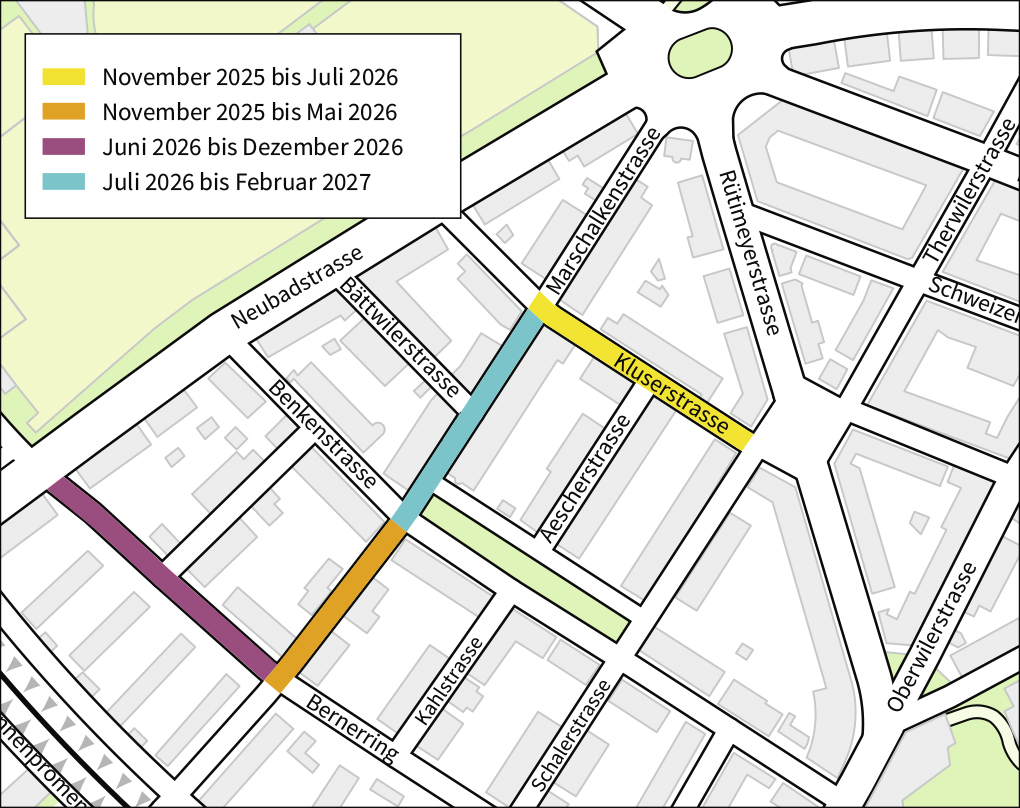 Gezeichneter Lageplan, die Strassen Kluserstrasse, Marschalkenstrasse und Bernerring sind farblich nach Bauetappen gekennzeichnet.