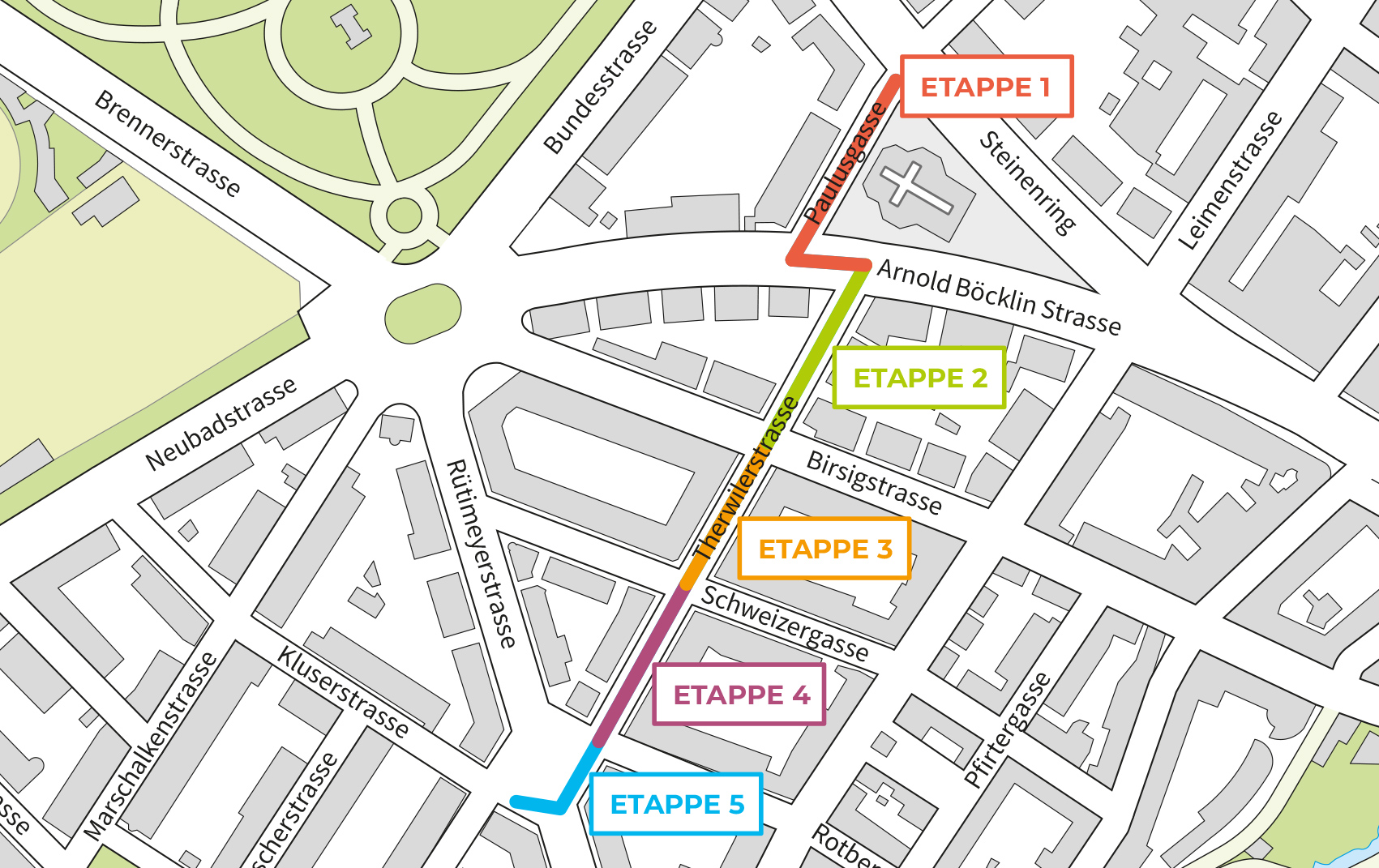 Gezeichneter Lageplan mit den Bauetappen 1 bis 5, die sich von der Therwilerstrasse bis zum Rütimeyerplatz bewegen.