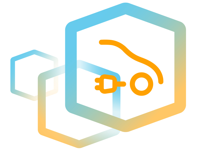 E-Mobilität-Symbol umgeben von den sechseckigen IWB-Cubes.