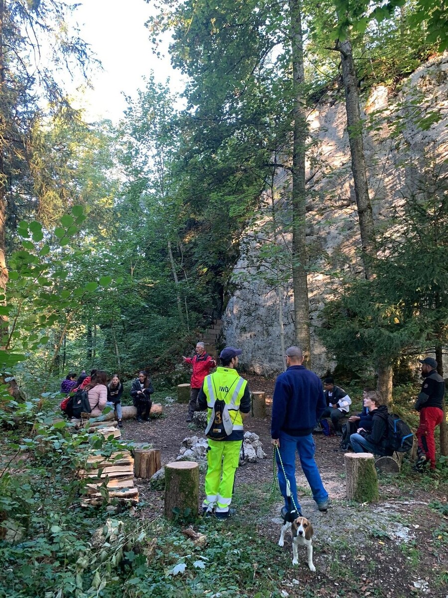 Eine Gruppe Menschen steht in einer Waldlichtung und hört einer Person zu. Im Hintergrund ist eine Felswand zu sehen.