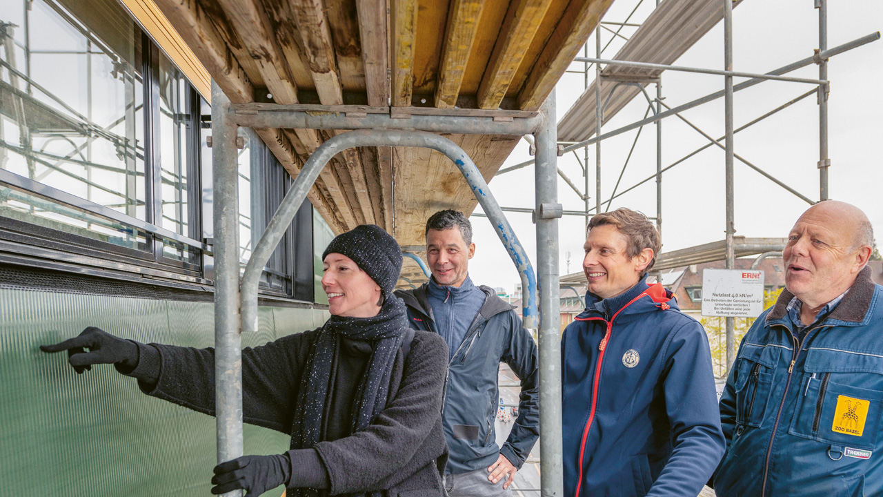 Eine Frau und drei Männer stehen auf einem Baugerüst. Die Frau zeigt auf die Wand des eingerüsteten Gebäudes. Daran hängen grün eingefärbte Solarpanels.